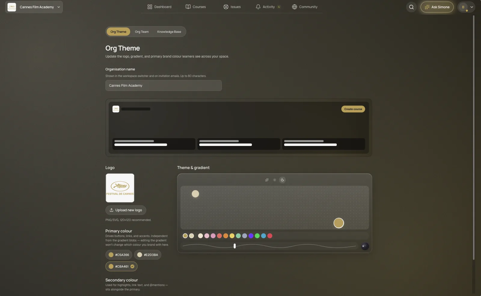 The organisation setup design step in AXE, showing a brand colour picker.