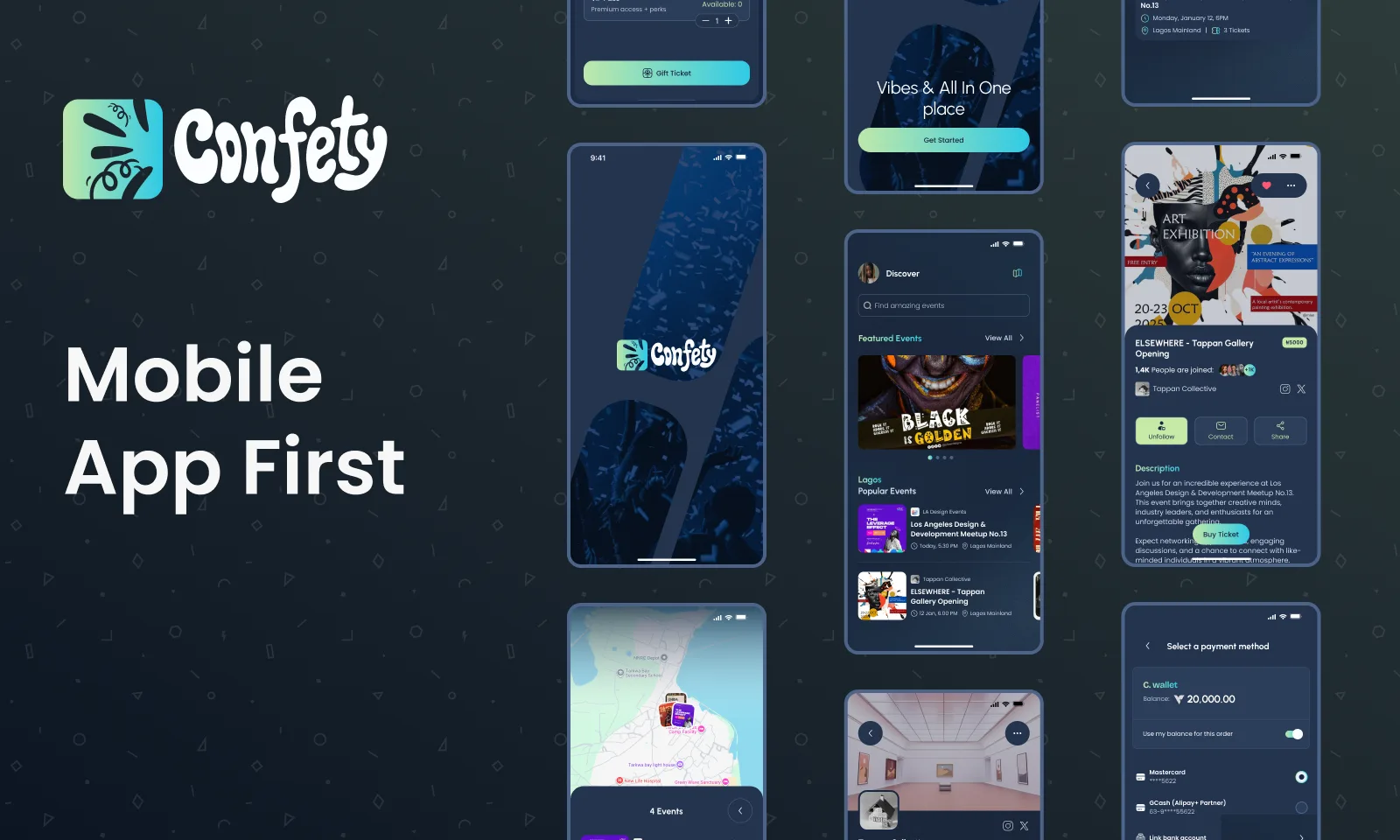 The Confety event ticketing app shown on mobile and web.