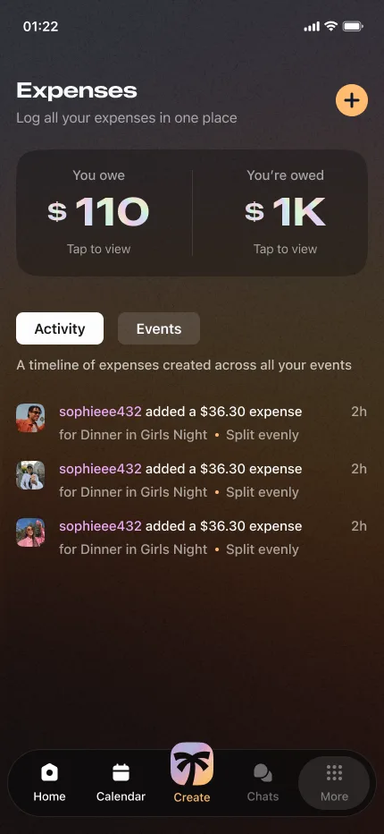 The OutOut expenses screen.