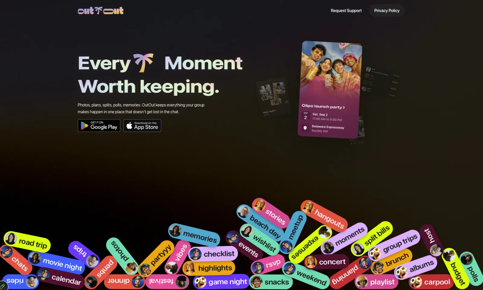 The OutOut social events app shown on mobile.