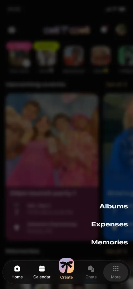 The OutOut feed with the bottom navigation visible: Home, Calendar, the raised Create action, Chats and More.